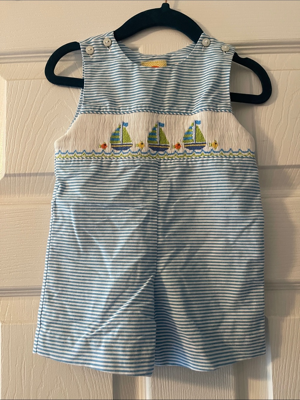 Southern Sunshine Kids Blue & White Striped Smocked Sailboat Romper